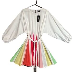 Athina Athina Women’s Sz L White Mini Dress Rainbow Flowy Bottom NWT long sleeve